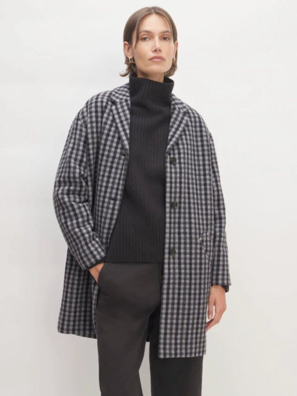 Everlane The Italian ReWool Cocoon Coat Grey Charcoal Navy Check Wool Size L